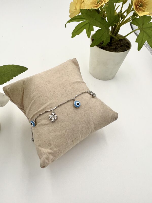 92.5 Sterling Silver Evil Eye and Four-Leaf Clover Charm Bracelet - Image 2