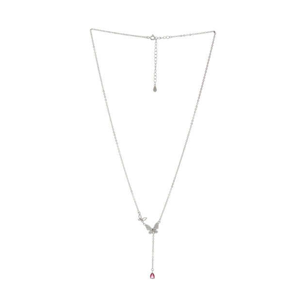 92.5 Sterling Silver Butterfly Charm Necklace with Maroon Teardrop Stone - Image 2