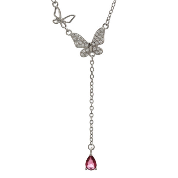 92.5 Sterling Silver Butterfly Charm Necklace with Maroon Teardrop Stone