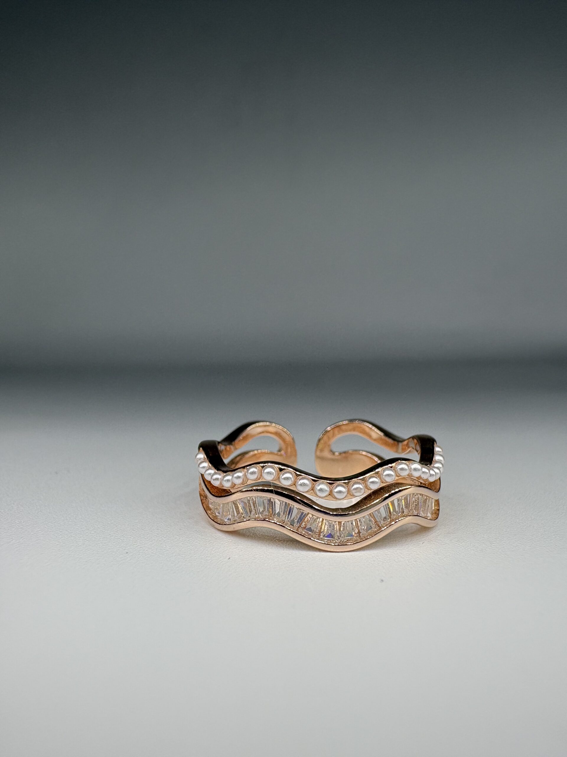 92.5 Sterling Silver Wave Pearl CZ Adjustable Ring