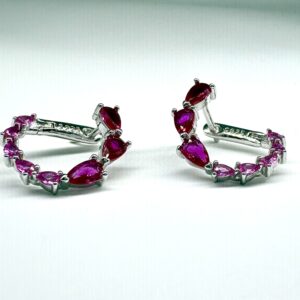 92.5 Sterling Silver Ruby Pink Leaf Hoop Earrings