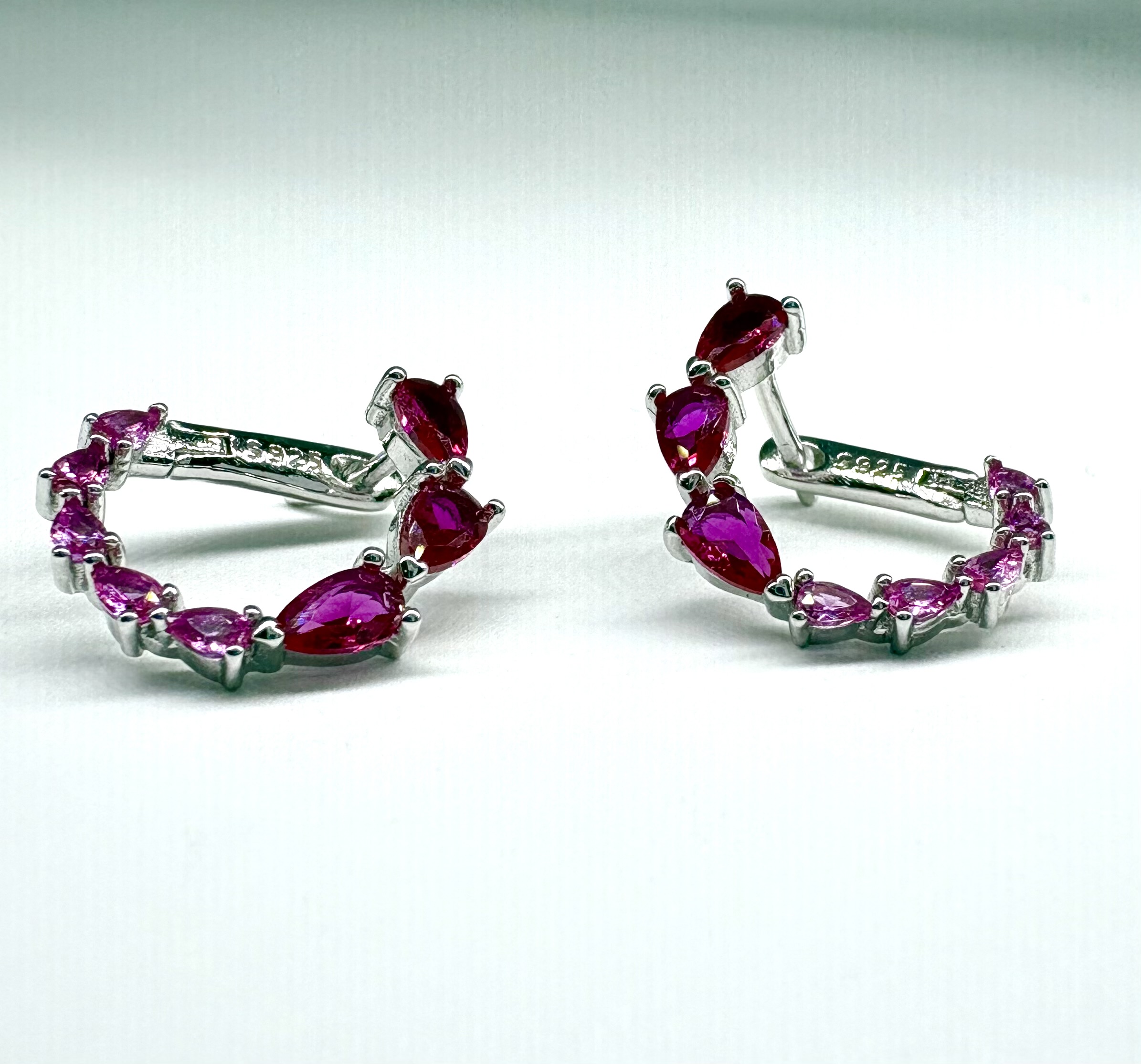 92.5 Sterling Silver Ruby Pink Leaf Hoop Earrings