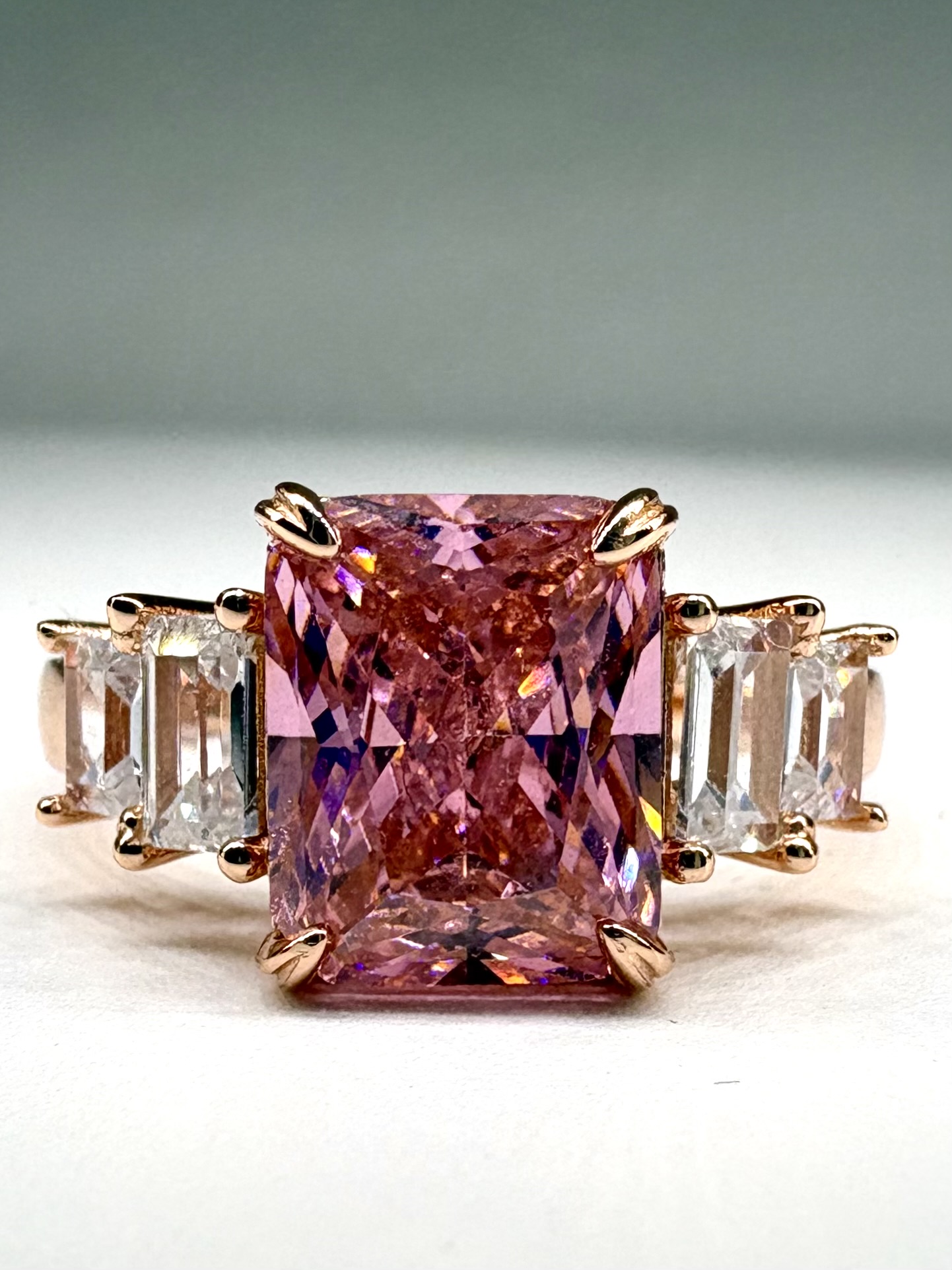 92.5 Sterling Silver Pink Emerald-Cut CZ Statement Ring